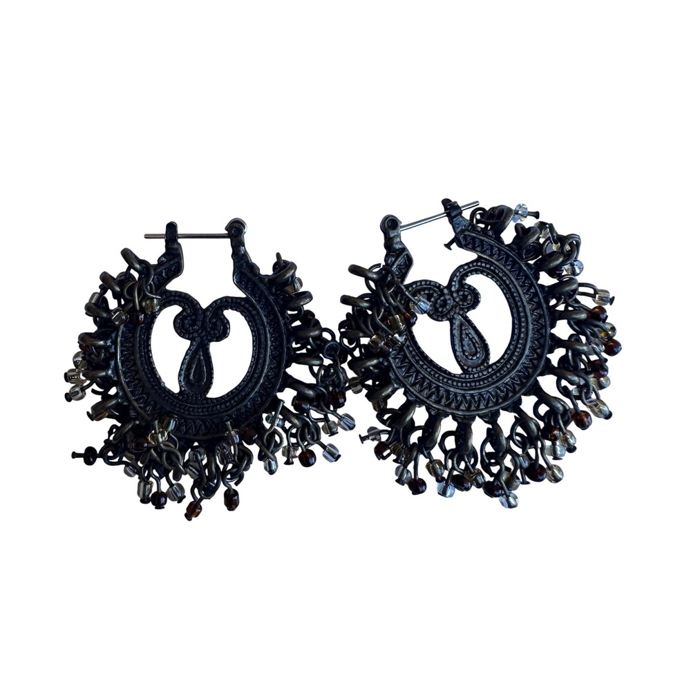 Bohemian Bronze Tone Beaded Hoop Statement Earrings Ornate Tribal Design